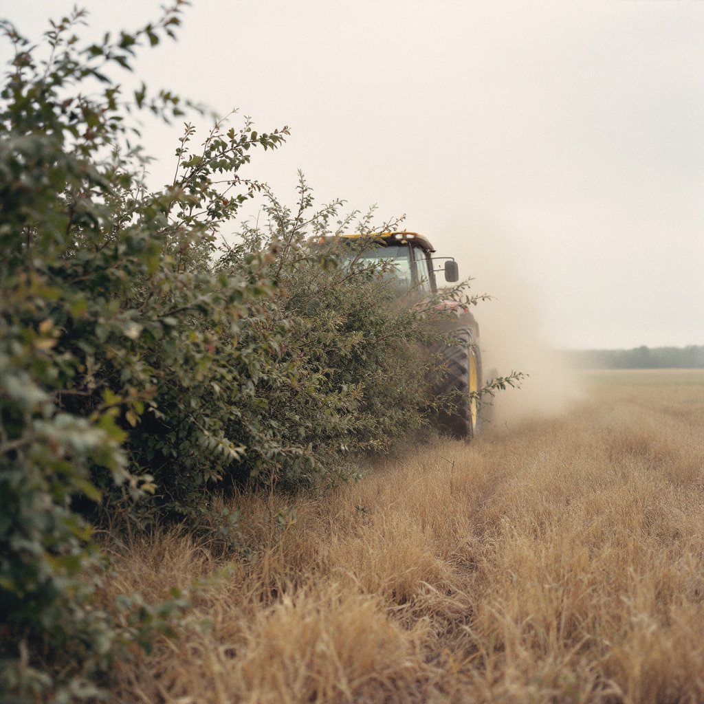 Dense invasive brush being cleared at a pasture edge