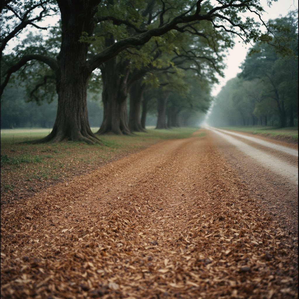 Fresh mulch carpet between preserved oaks after forestry mulching