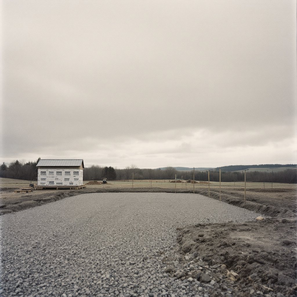 Freshly graded building pad staked on cleared rural land